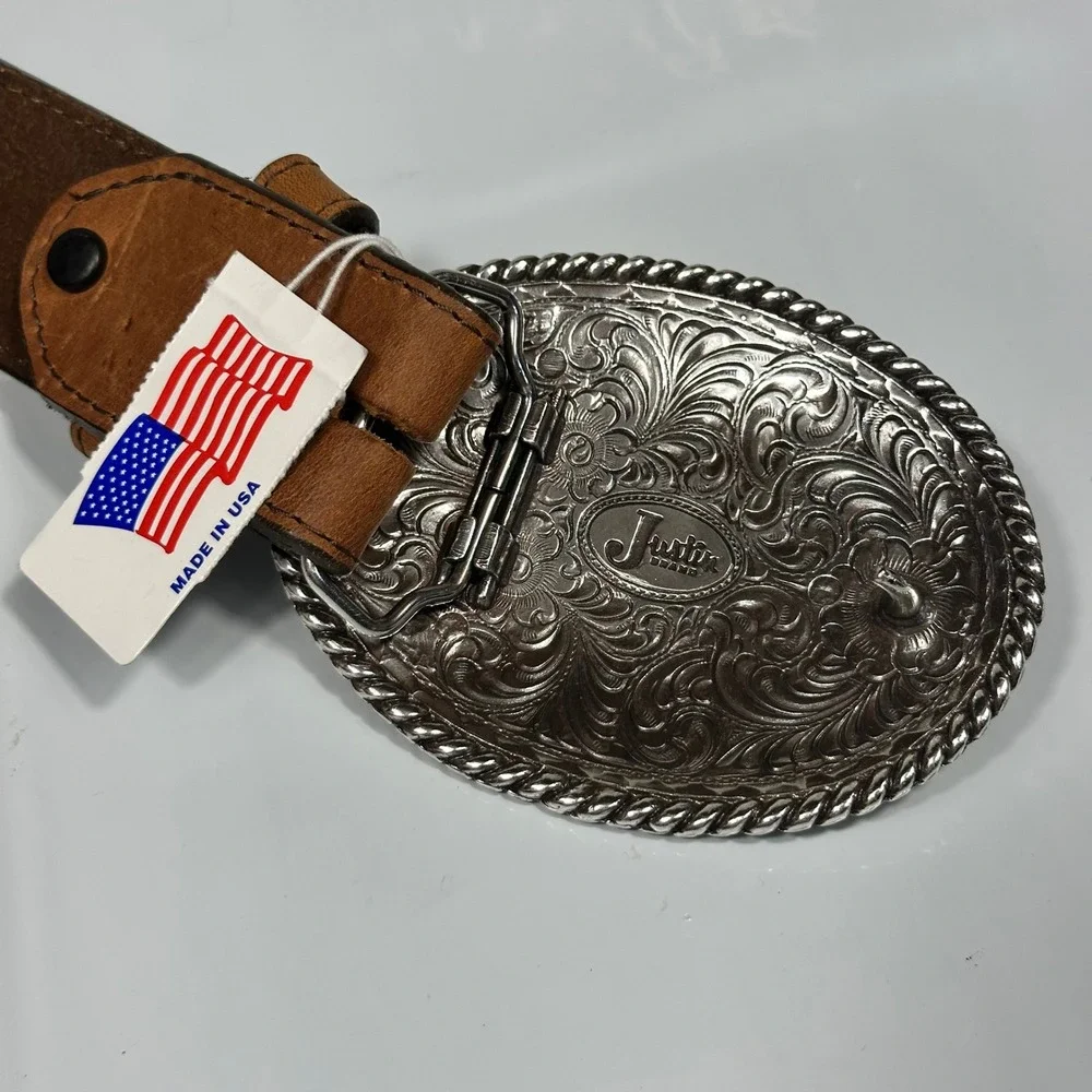 Justin Trophy Belt Mens 32 Brown Floral Embossed Leather Silver Buckle Excellent